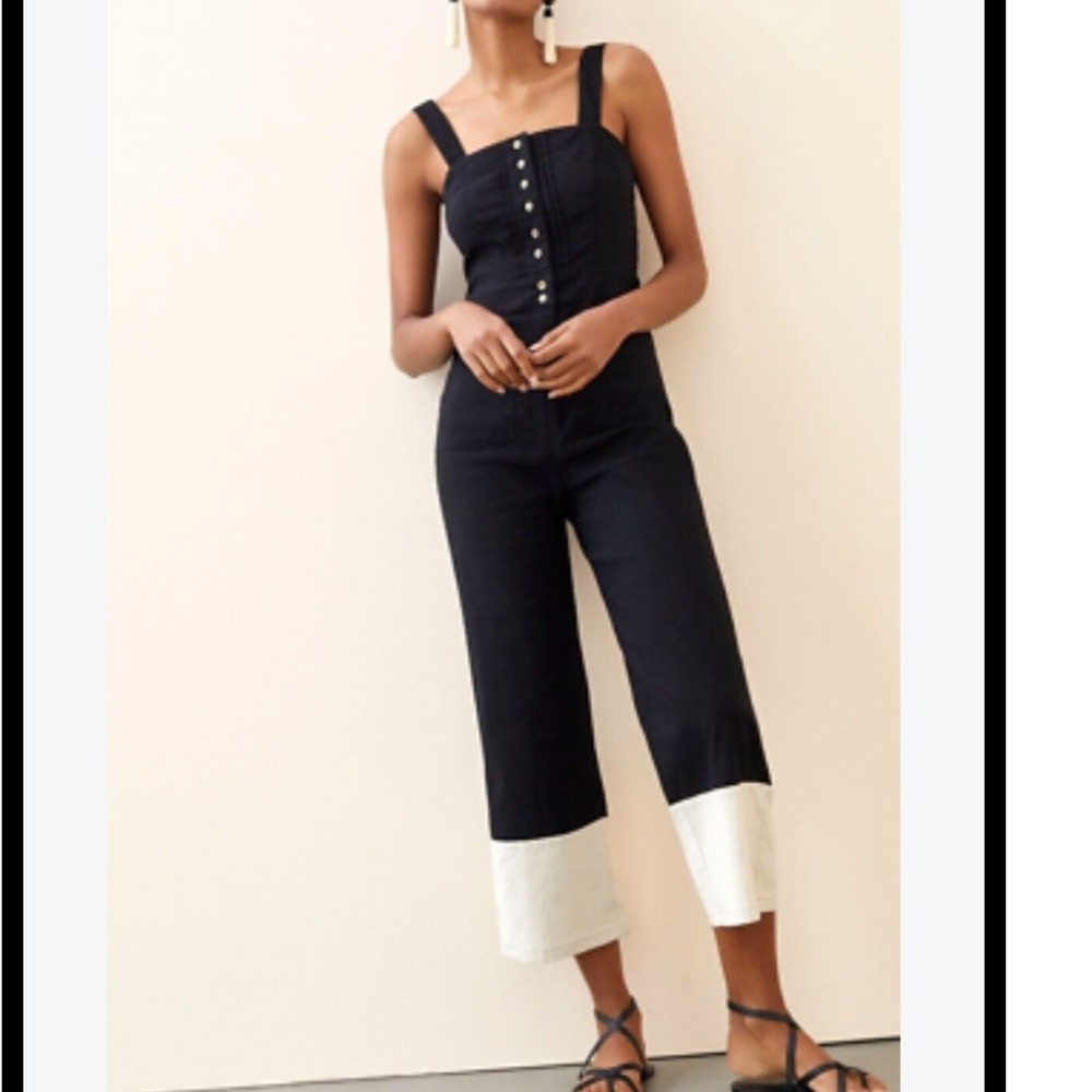 Maeve by Anthropologie The Colette Jumpsuit Black Tan Colorblock Wide Leg Size 2